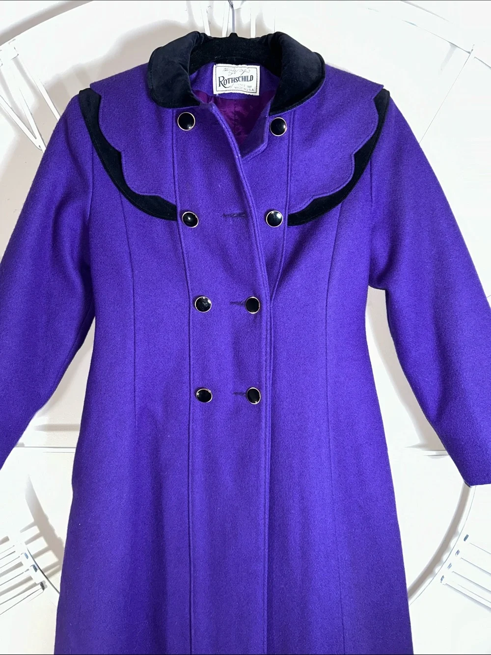 Vintage Rothschild Vibrant Purple Double-Breasted Wool Coat with Black Trim